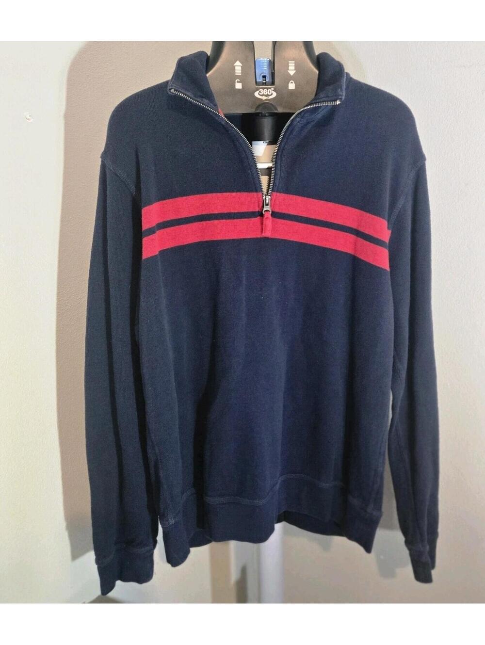 Navy Quarter Zip Sweater Pullover Red Stripe Long Sleeve Casual Golf Preppy
